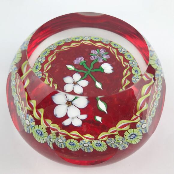 Perthshire 1986B Bouquet Lampwork Flower Millefiori Twist Facet Red Paperweight - Picture 2 of 14